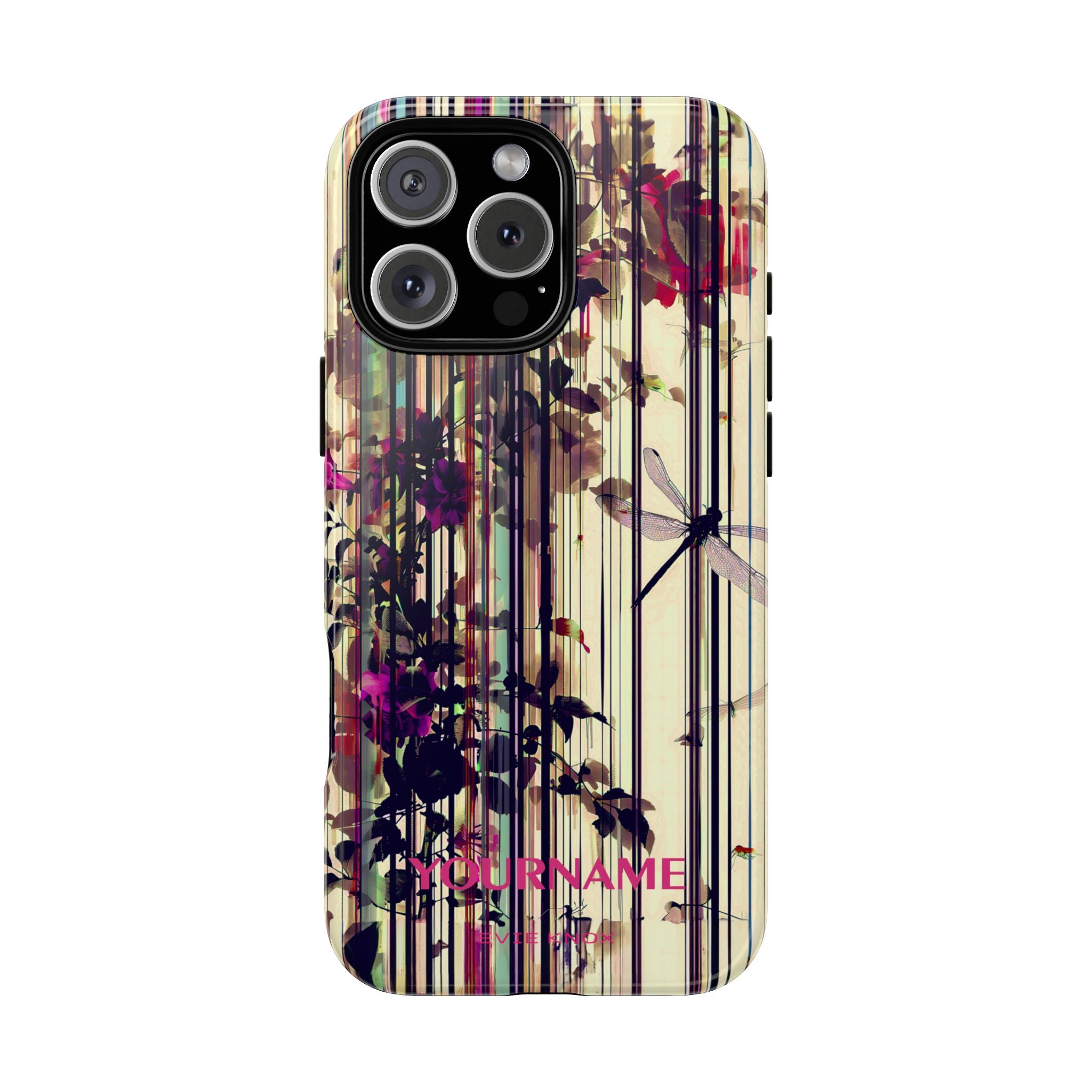 Floral Stripes Tough Phone Case — Vintage Botanical Dragonfly Design