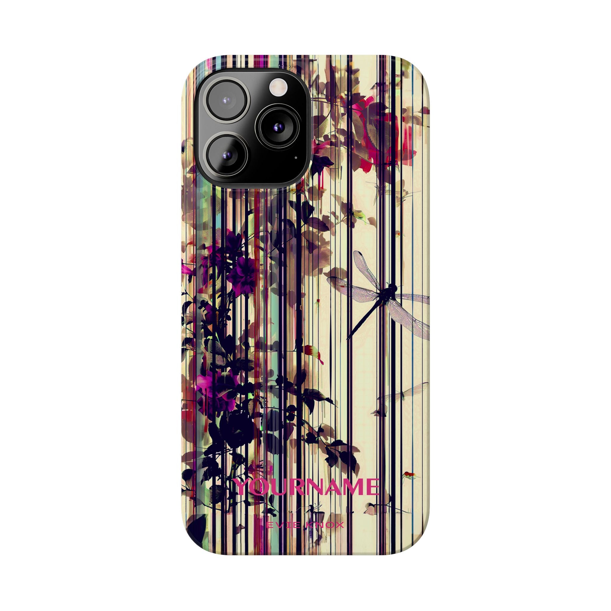 Floral Stripes Slim Phone Case — Vintage Botanical Dragonfly Design