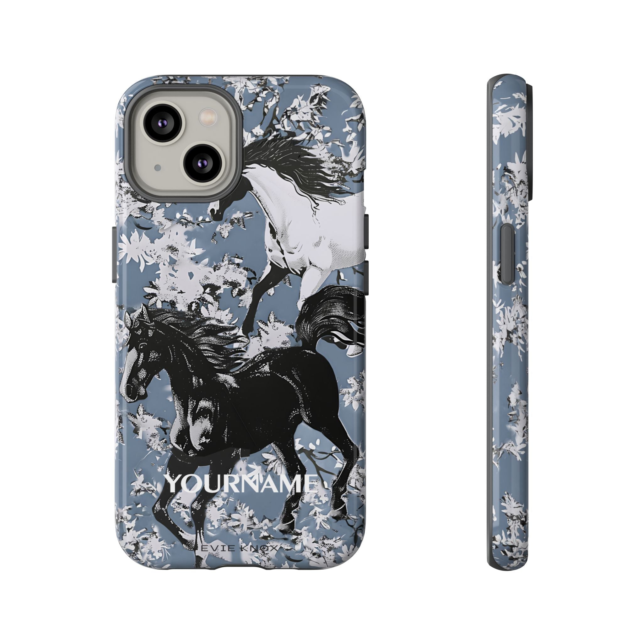 Horses on Dusty Blue Floral Pattern Tough Phone Case - Personalizable iPhone Case