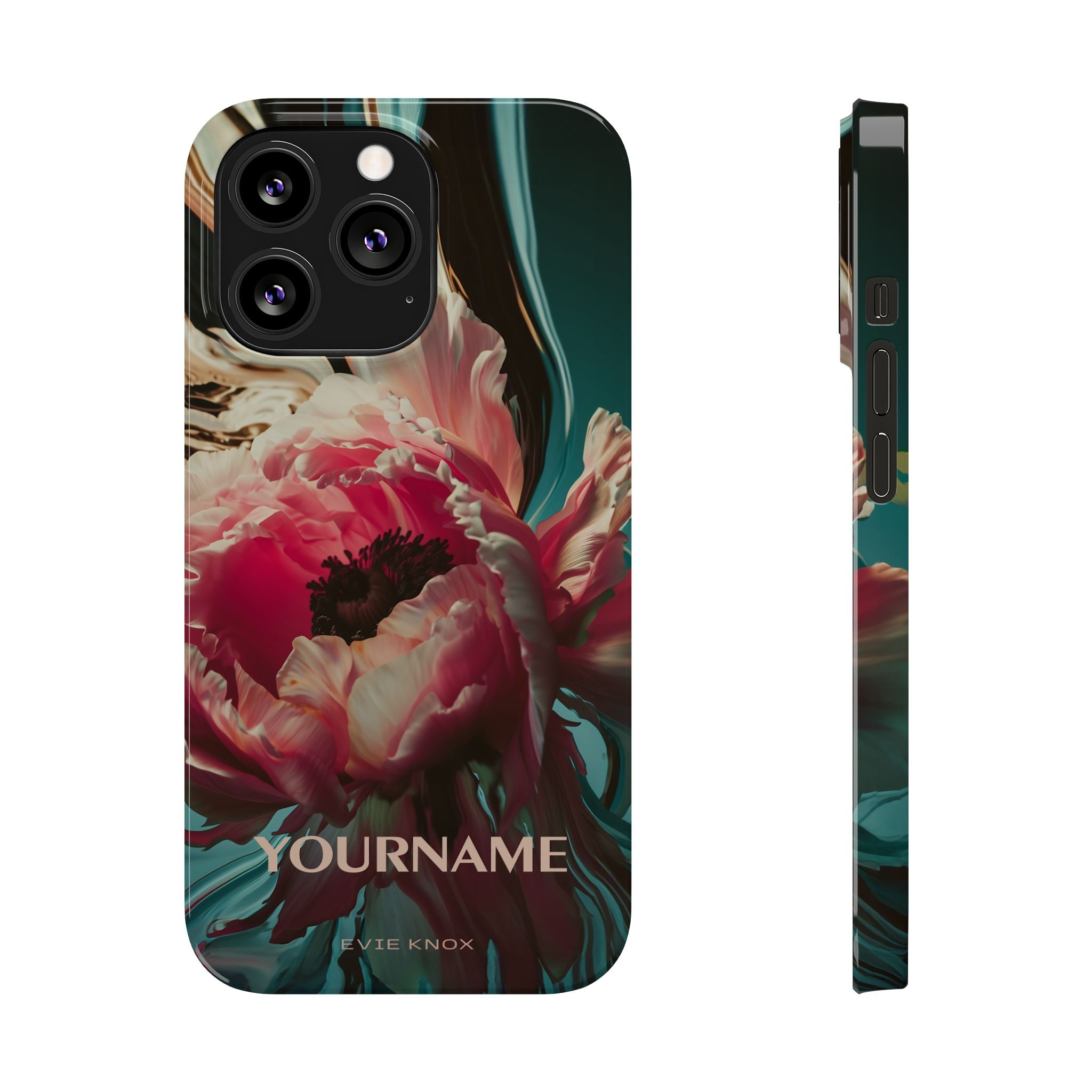 Floral Splash Slim Phone Case — Dark Teal & Pink Peony Design