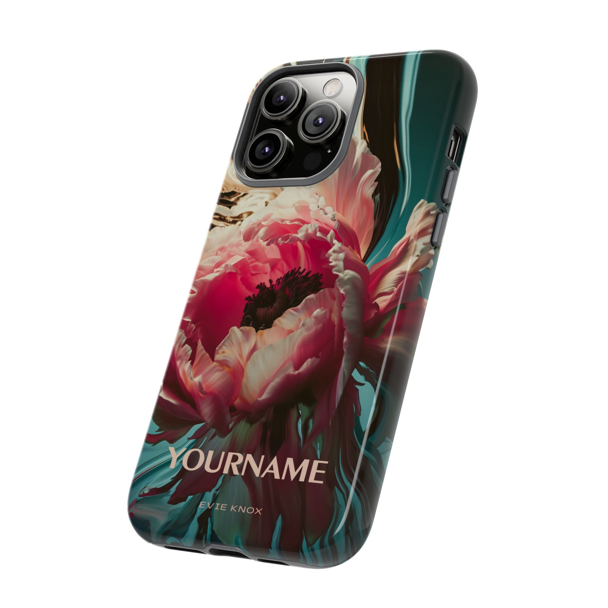 Floral Splash Tough Phone Case — Dark Teal & Pink Peony Design