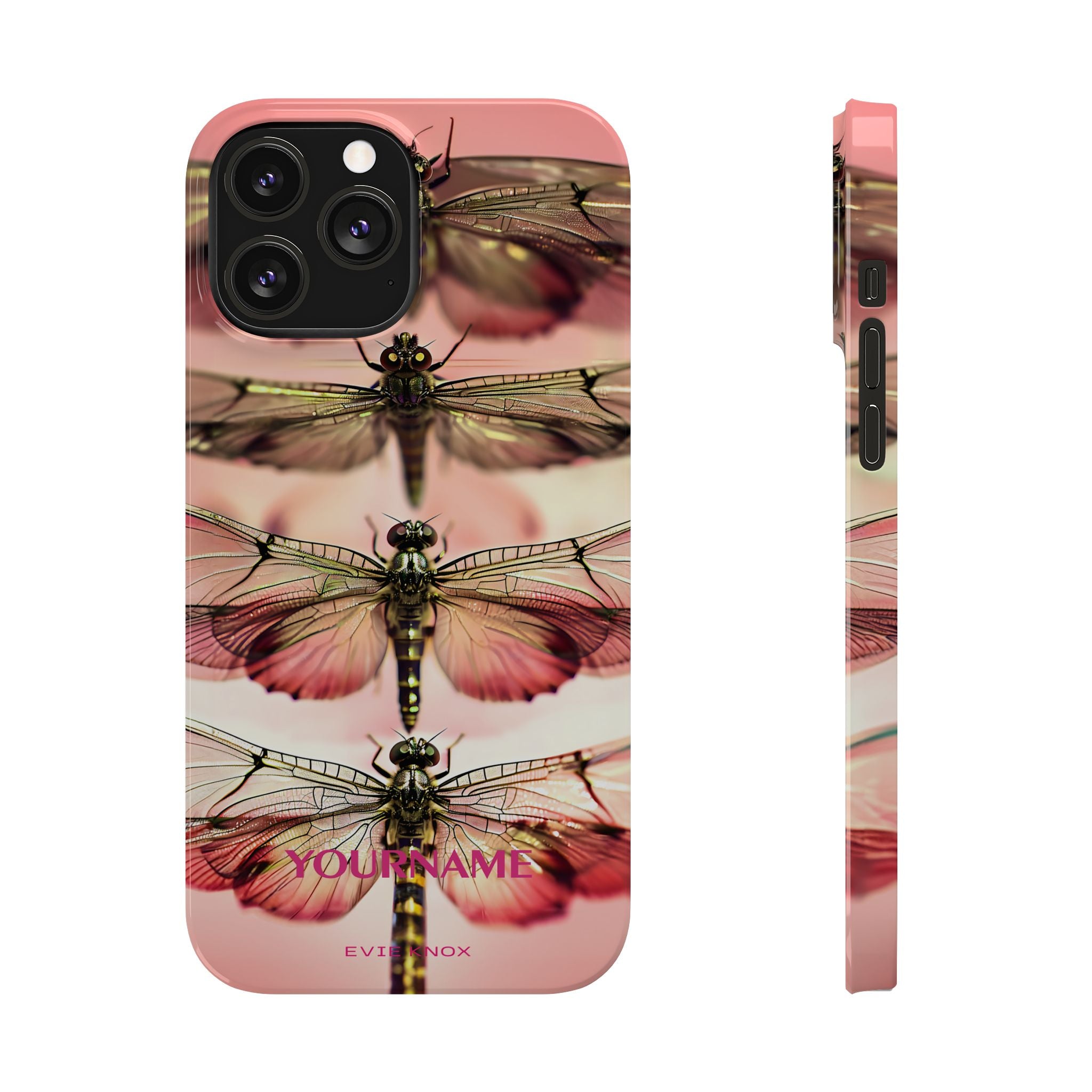 Dragonfly Array Slim Phone Case — Pink Floral Insect Art Protective Cover