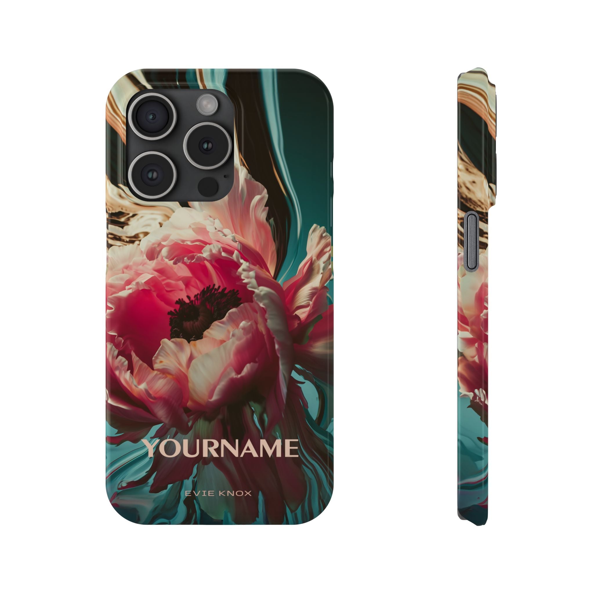 Floral Splash Slim Phone Case — Dark Teal & Pink Peony Design