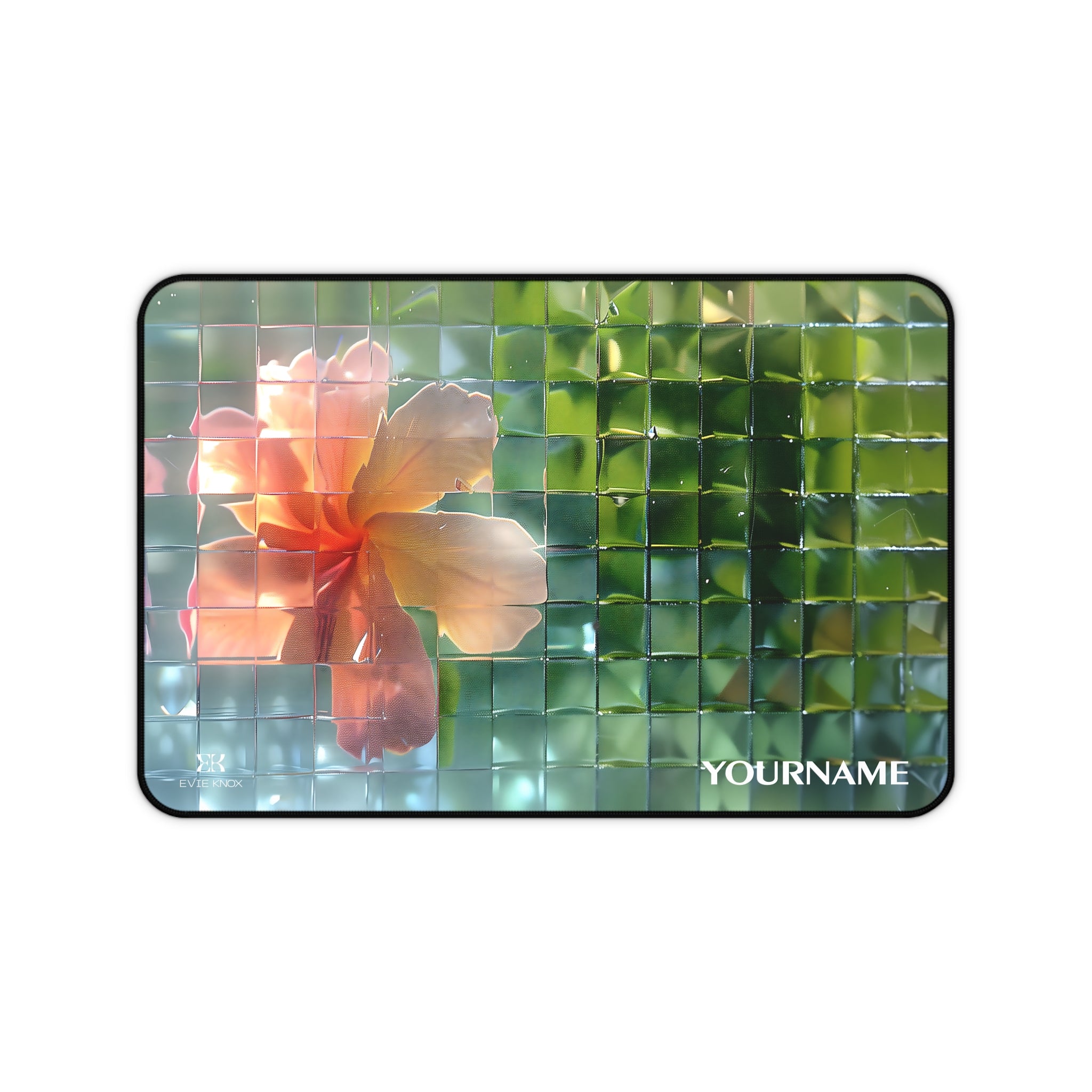Hibiscus Glassy Mosaic Desk Mat — Floral Pixelated Mouse Pad for Home Office