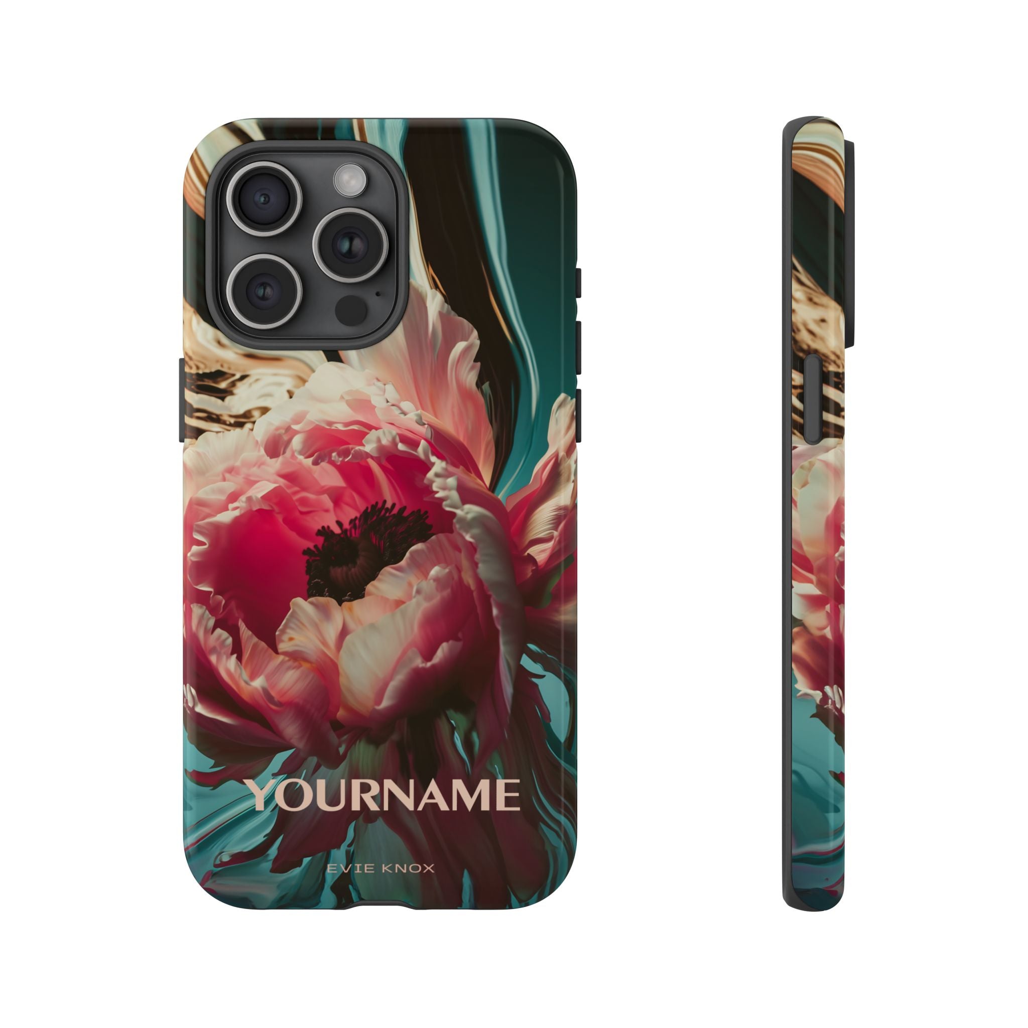Floral Splash Tough Phone Case — Dark Teal & Pink Peony Design