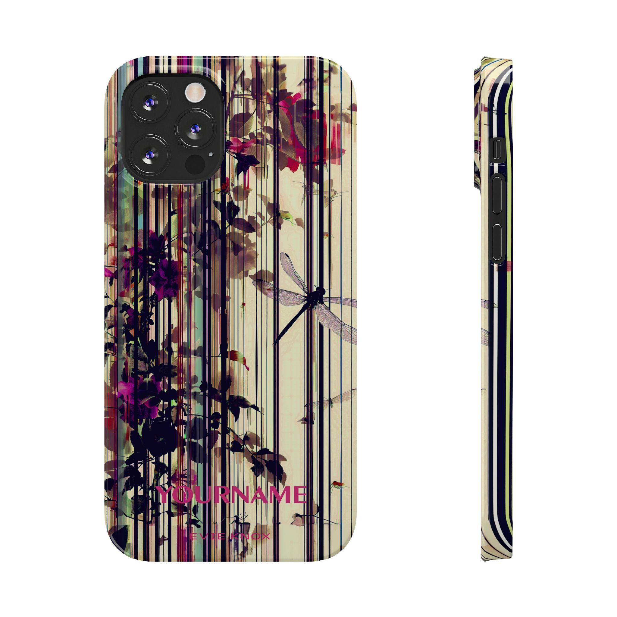 Floral Stripes Slim Phone Case — Vintage Botanical Dragonfly Design