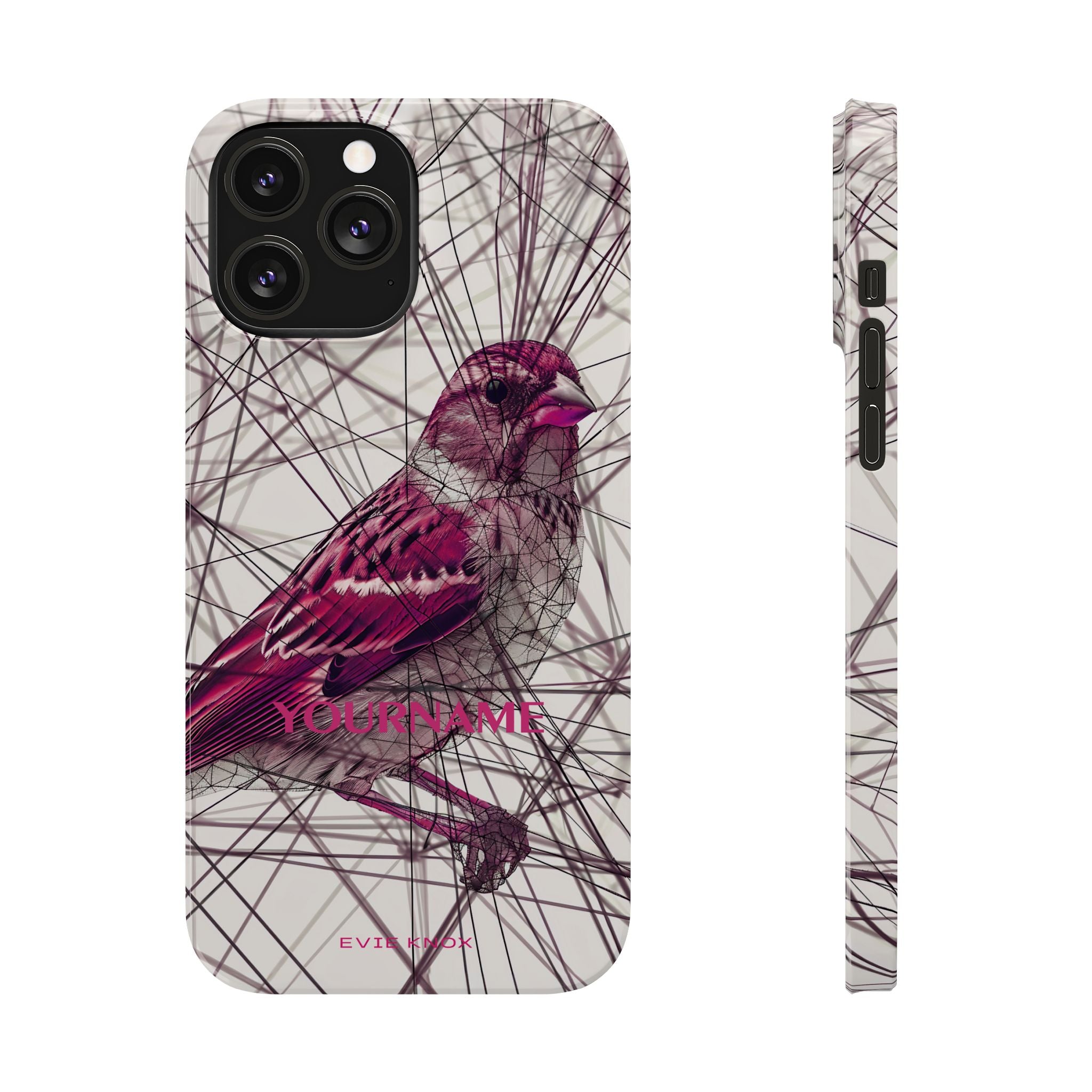 Pink Finch Bird Illustration on Abstract Line Background - Slim Phone Case