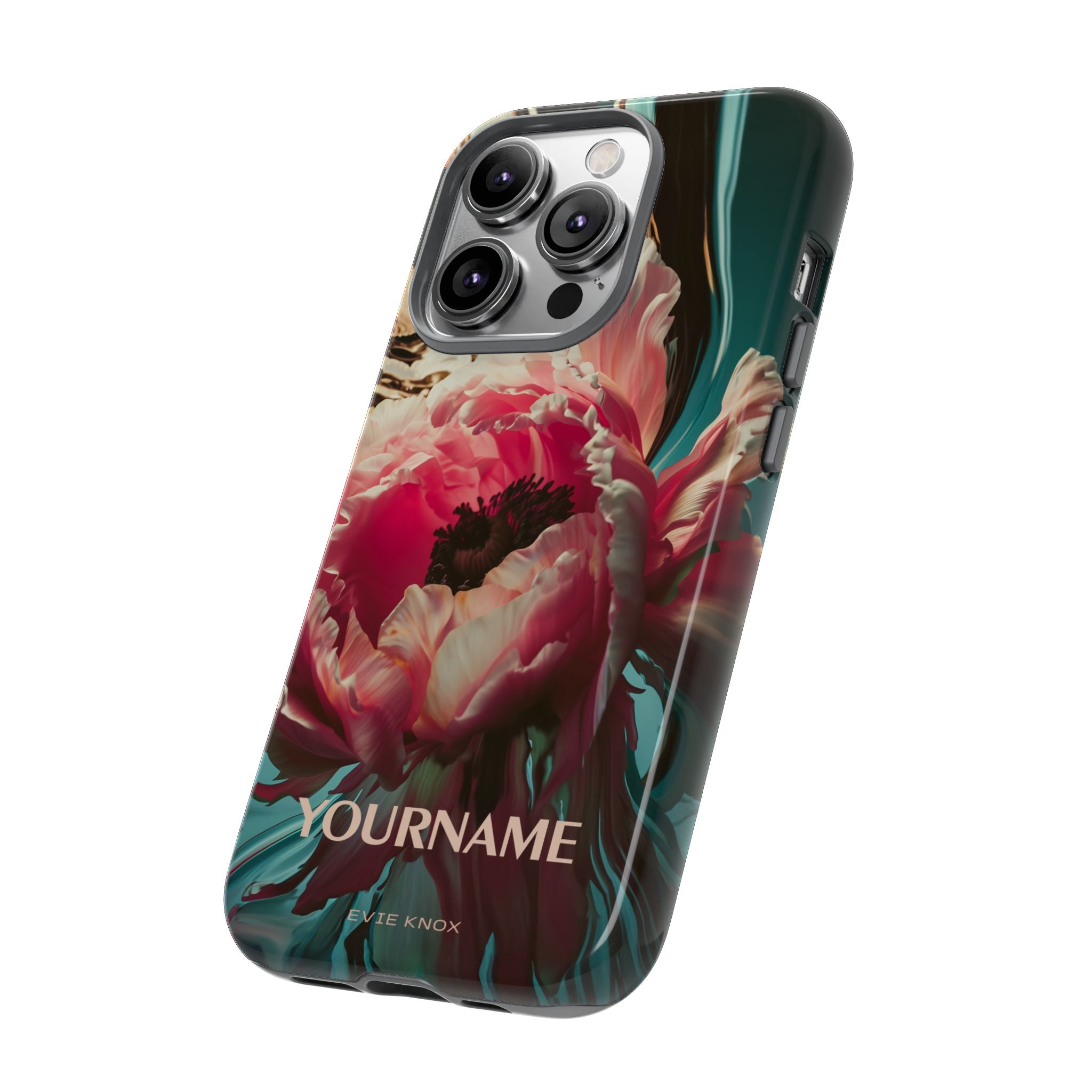 Floral Splash Tough Phone Case — Dark Teal & Pink Peony Design