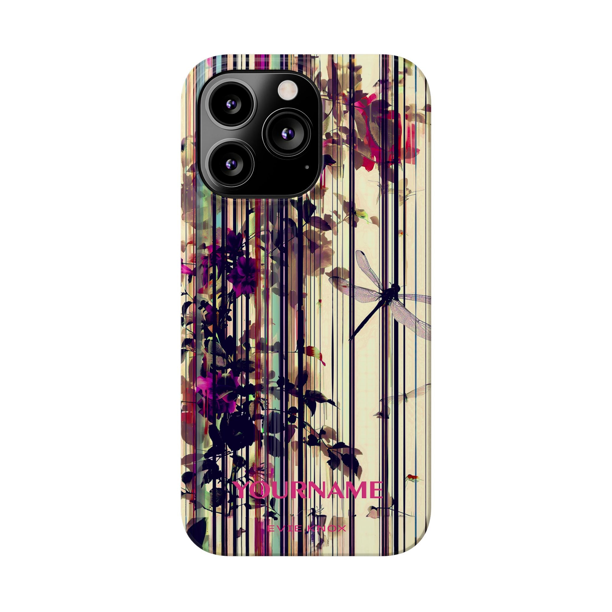 Floral Stripes Slim Phone Case — Vintage Botanical Dragonfly Design