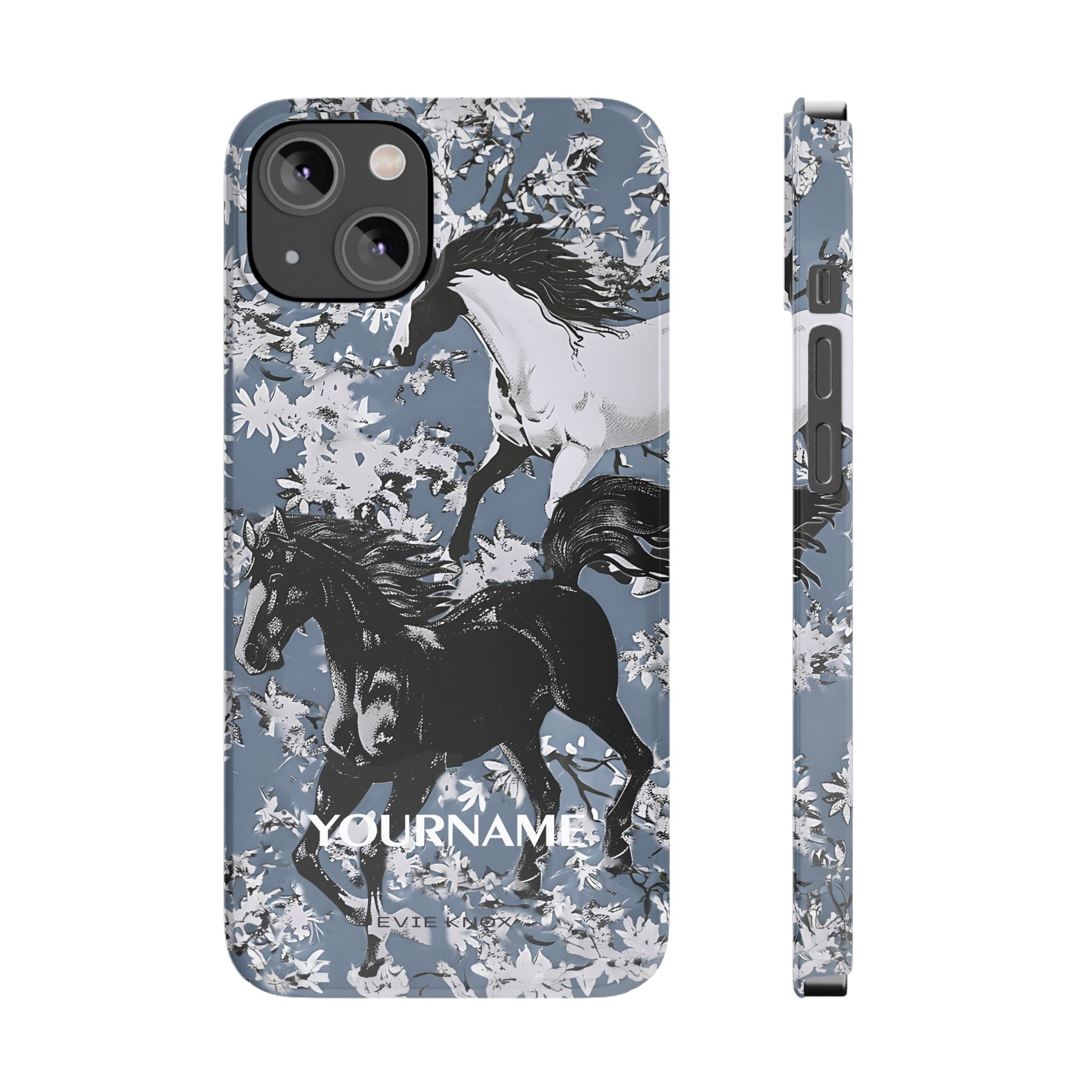 Horses on Dusty Blue Floral Pattern Slim Phone Case - Personalizable iPhone Case