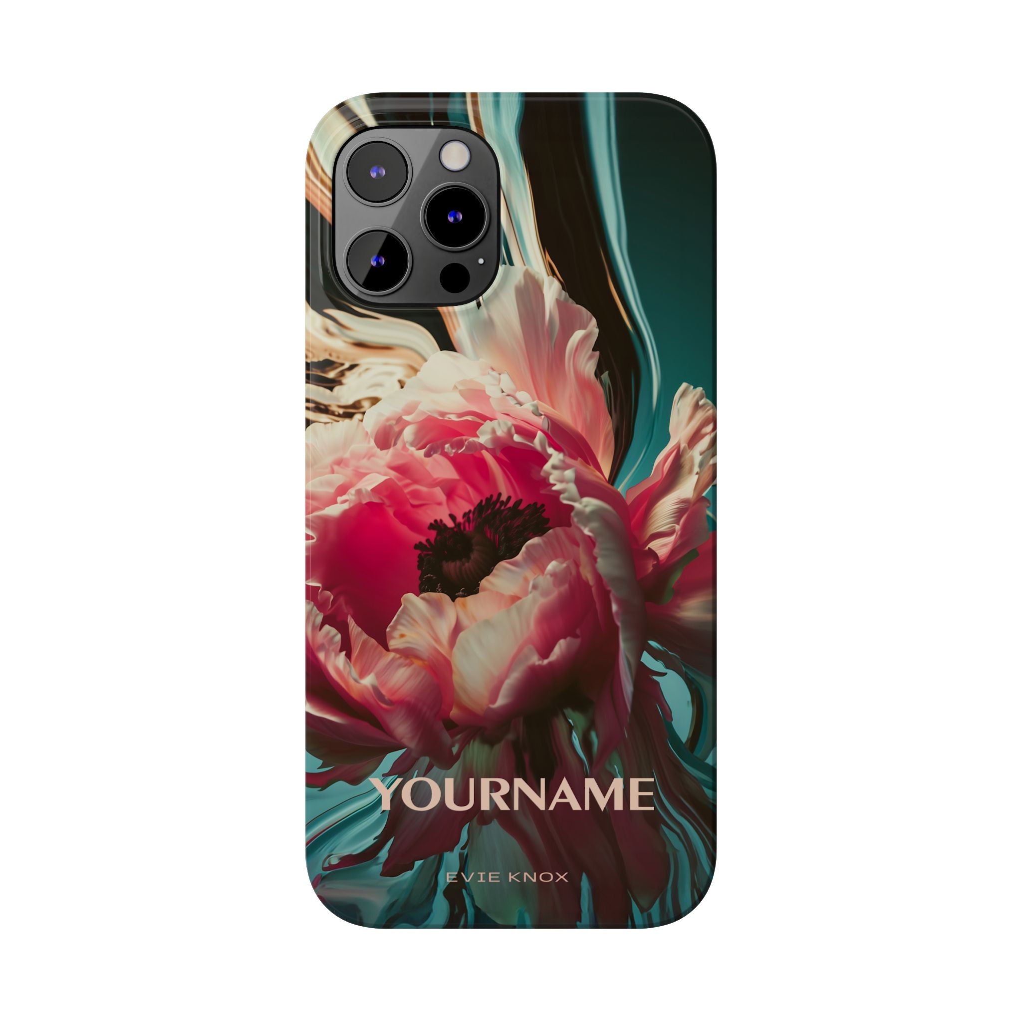 Floral Splash Slim Phone Case — Dark Teal & Pink Peony Design