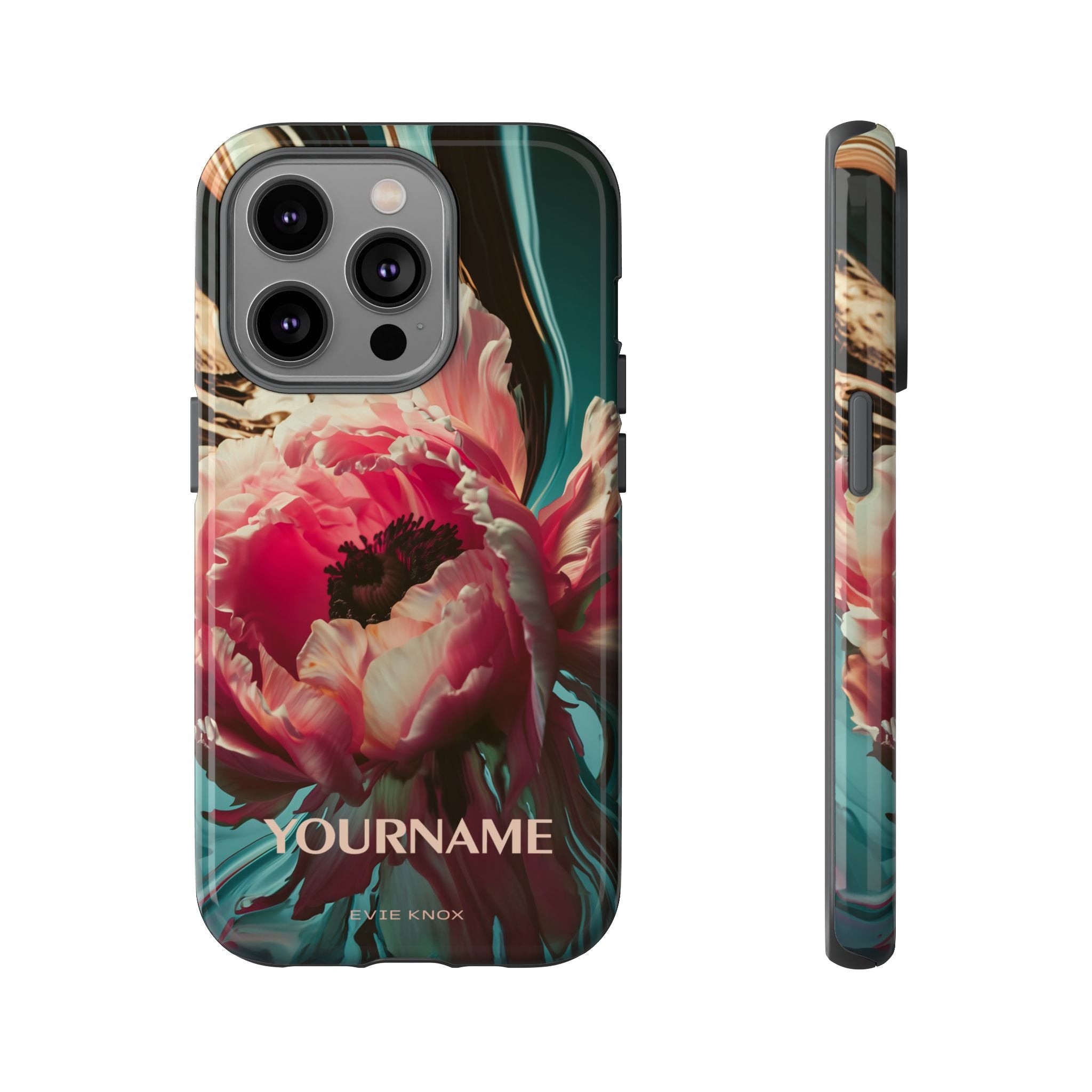 Floral Splash Tough Phone Case — Dark Teal & Pink Peony Design
