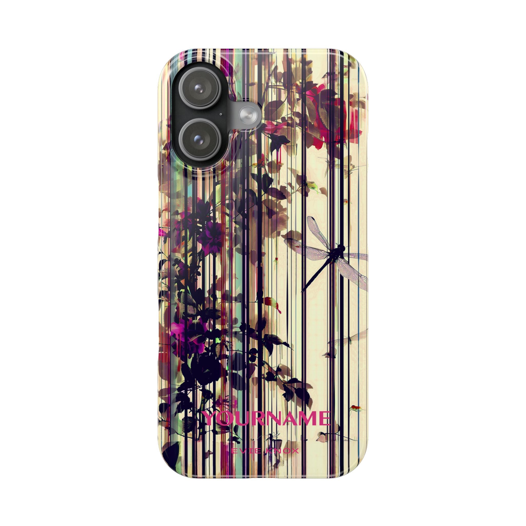 Floral Stripes Slim Phone Case — Vintage Botanical Dragonfly Design