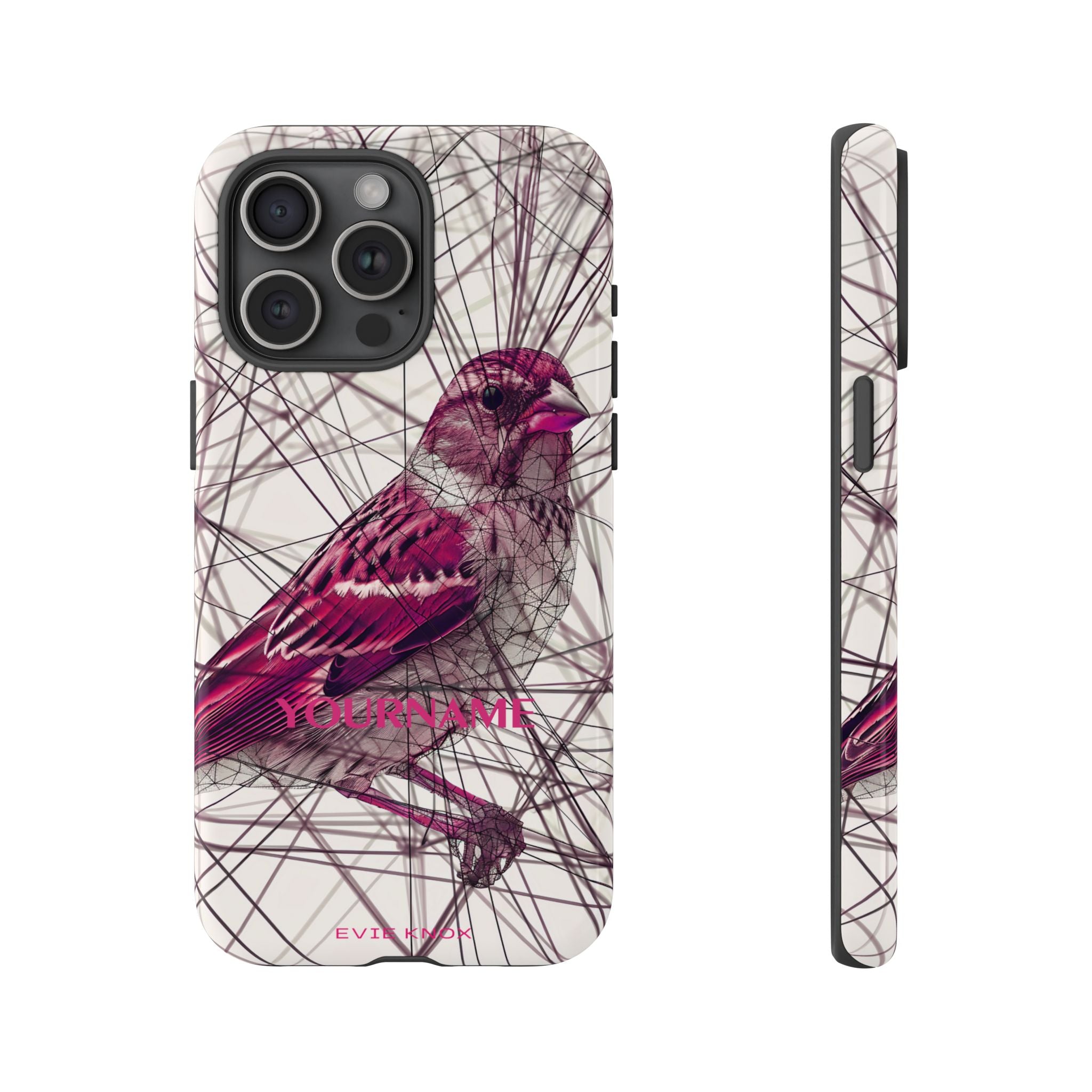 Pink Finch Bird Illustration on Abstract Line Background - Tough Phone Case