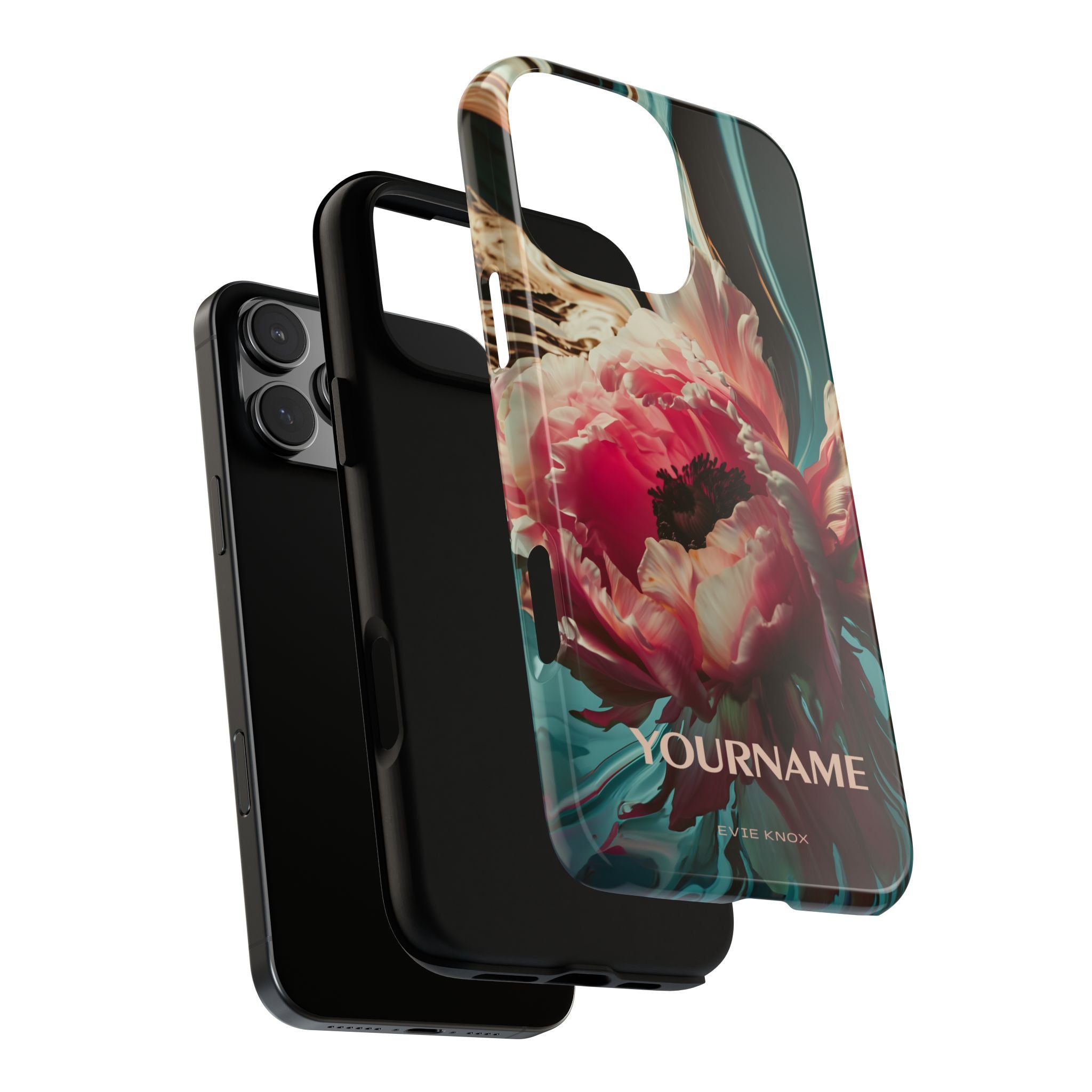 Floral Splash Tough Phone Case — Dark Teal & Pink Peony Design