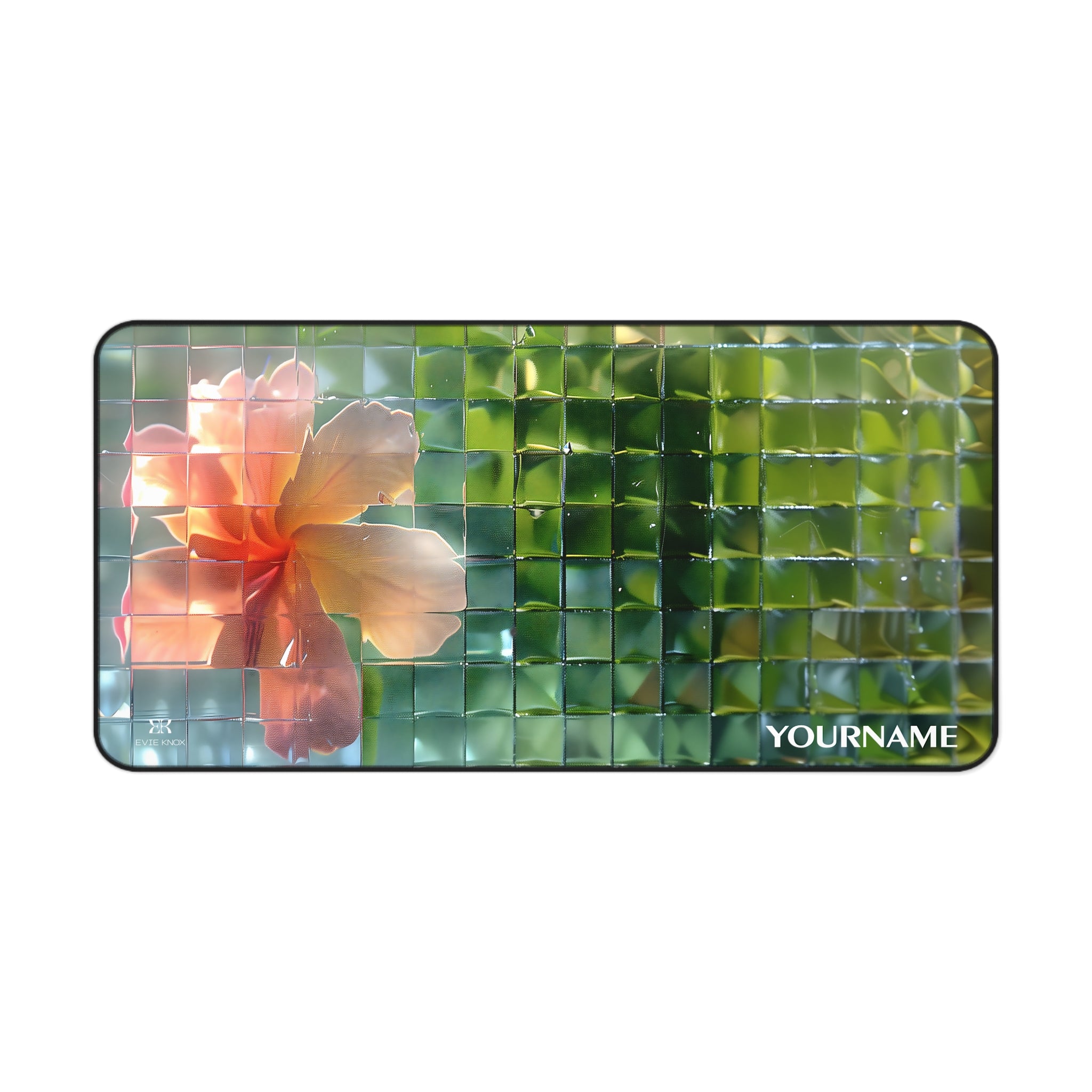 Hibiscus Glassy Mosaic Desk Mat — Floral Pixelated Mouse Pad for Home Office