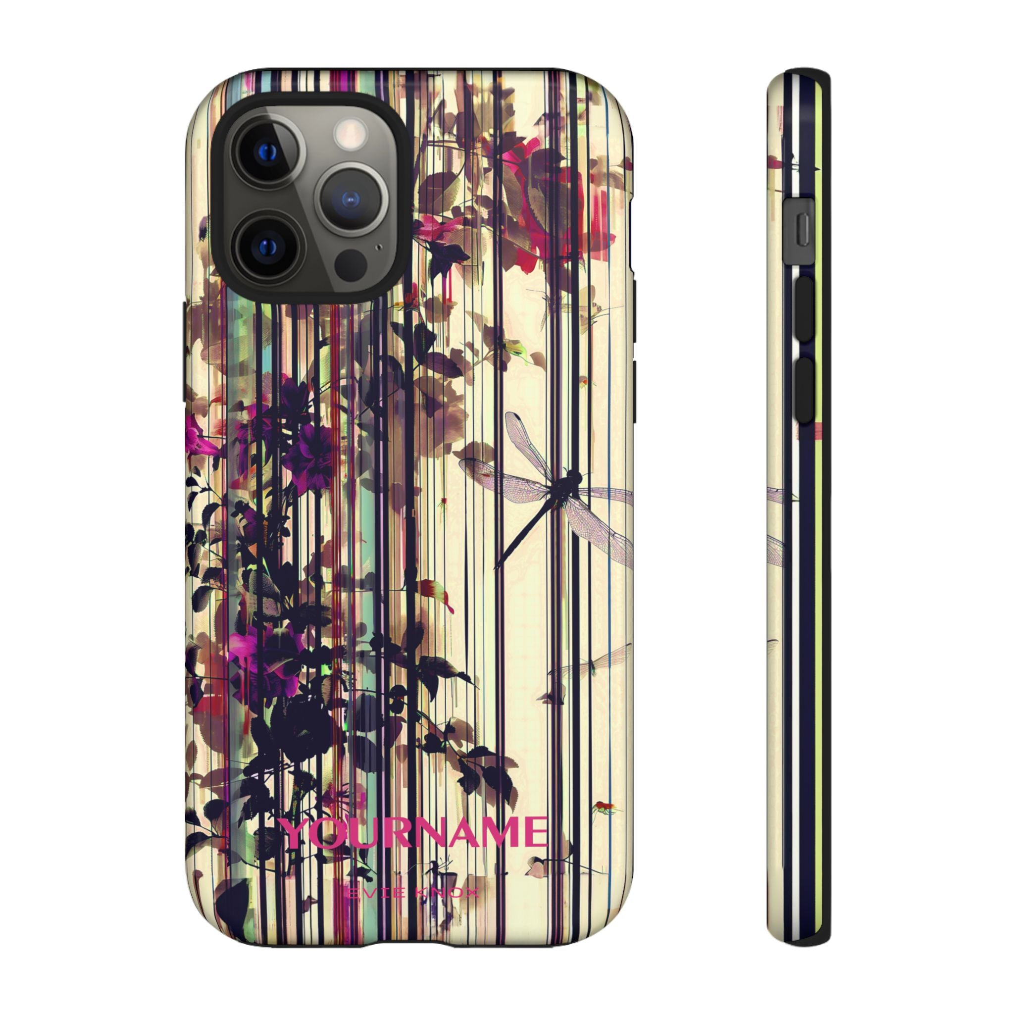 Floral Stripes Tough Phone Case — Vintage Botanical Dragonfly Design