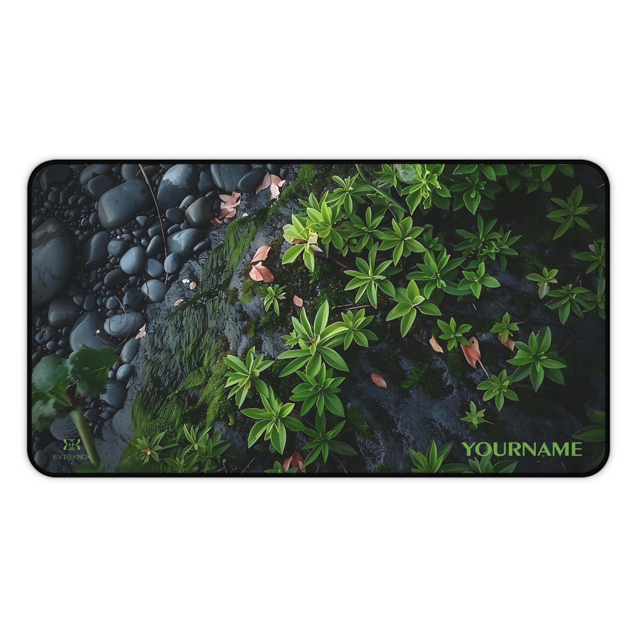 Black Pebbles and Plants Desk Mat — Botanical Zen Mouse Pad