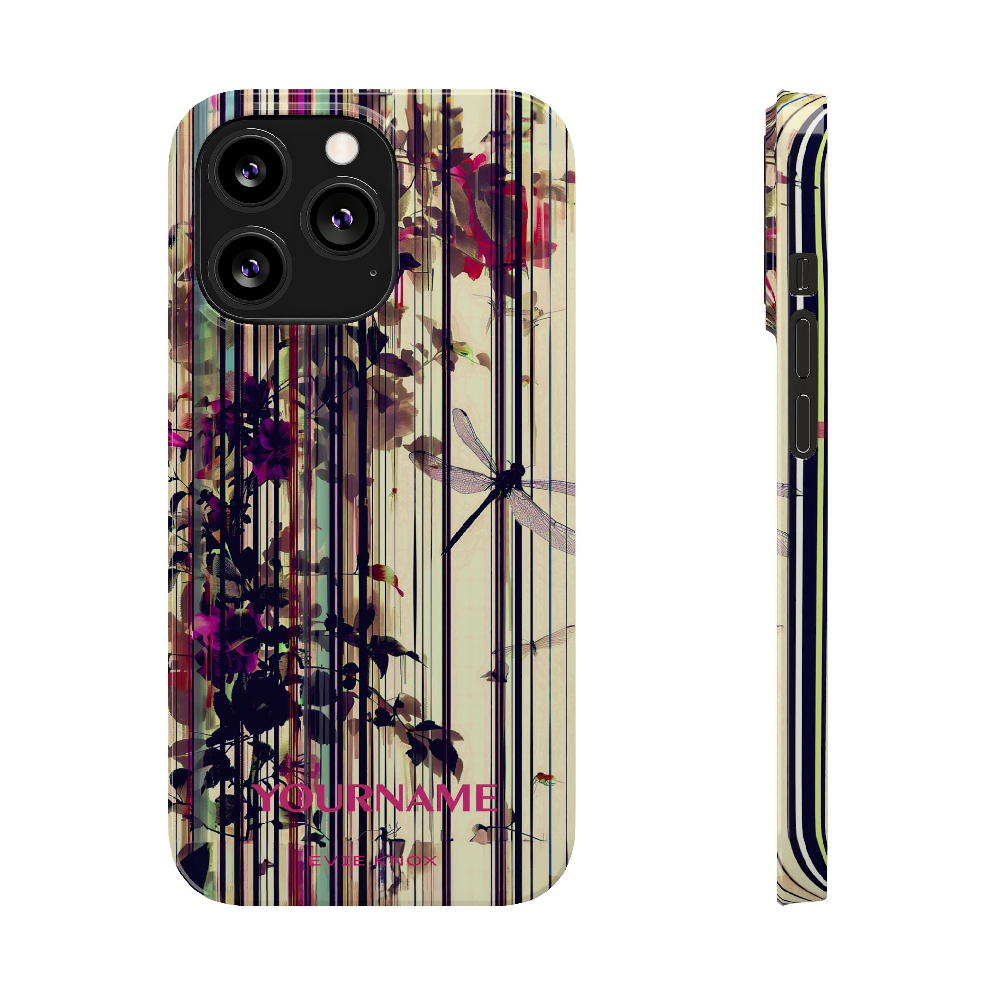 Floral Stripes Slim Phone Case — Vintage Botanical Dragonfly Design