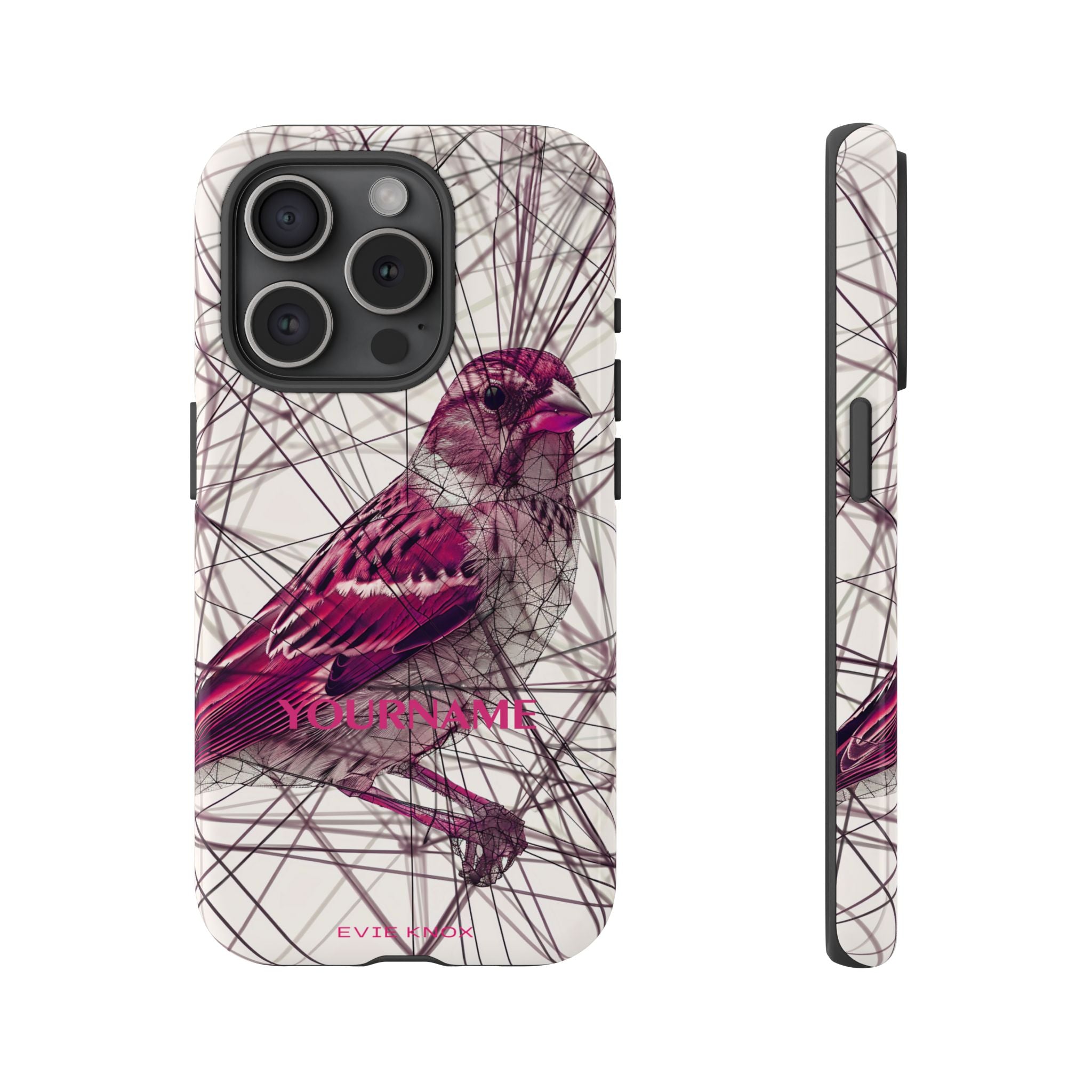 Pink Finch Bird Illustration on Abstract Line Background - Tough Phone Case