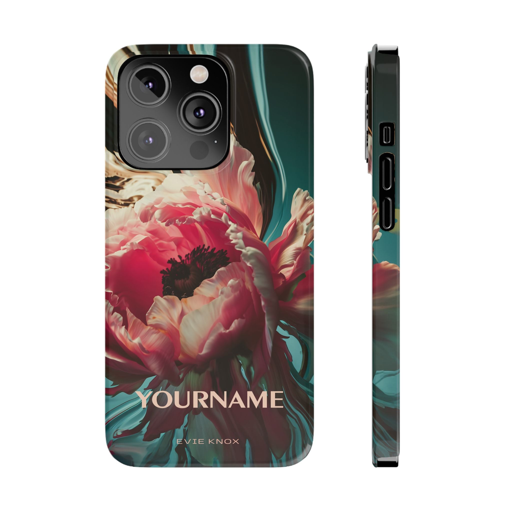 Floral Splash Slim Phone Case — Dark Teal & Pink Peony Design
