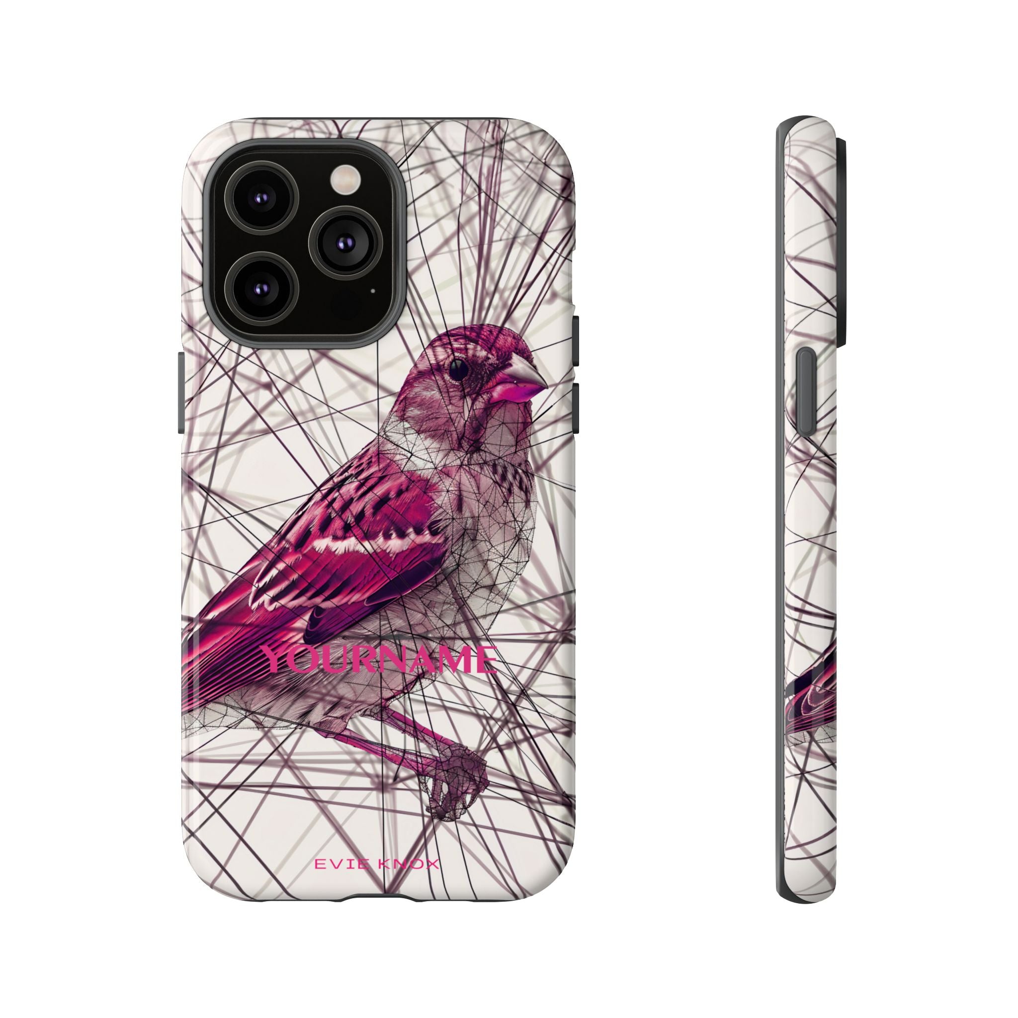 Pink Finch Bird Illustration on Abstract Line Background - Tough Phone Case