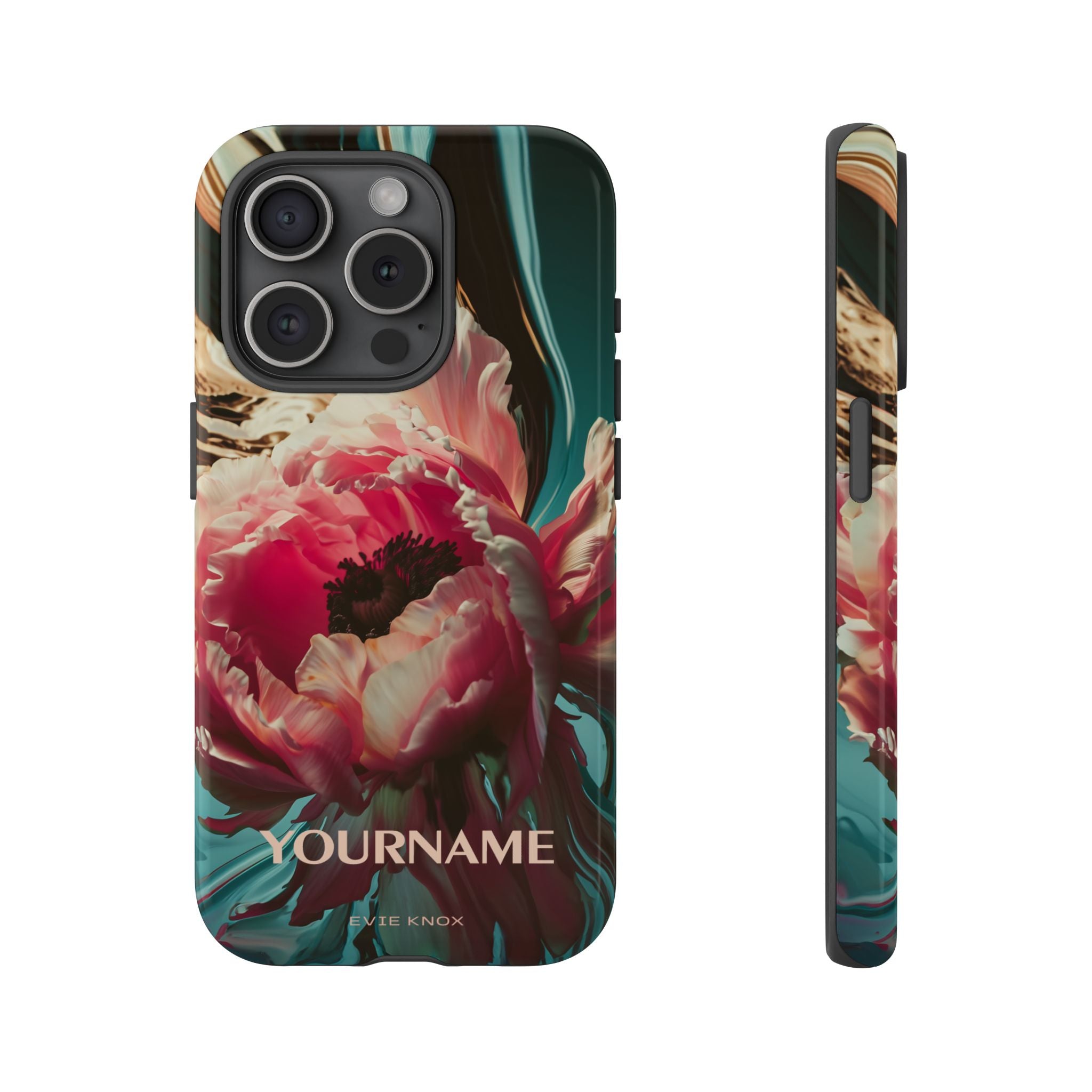 Floral Splash Tough Phone Case — Dark Teal & Pink Peony Design