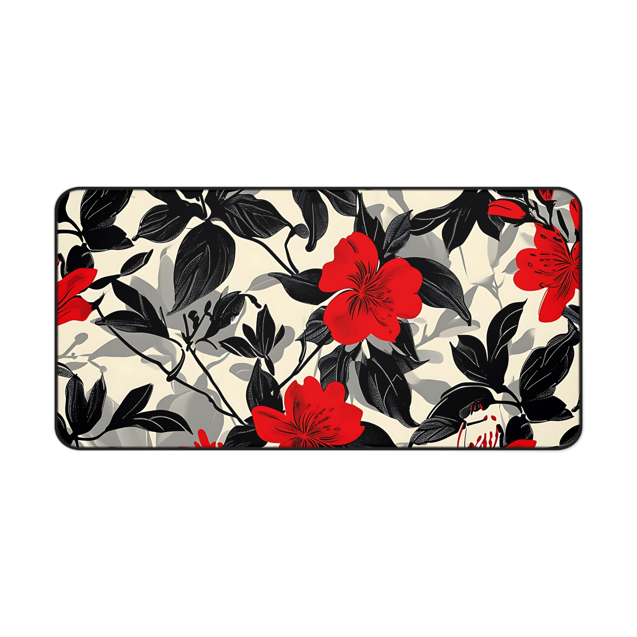 Floral Red Hibiscus Desk Mat — Oversized Office Mousepad with Black & Cream Botanical Print