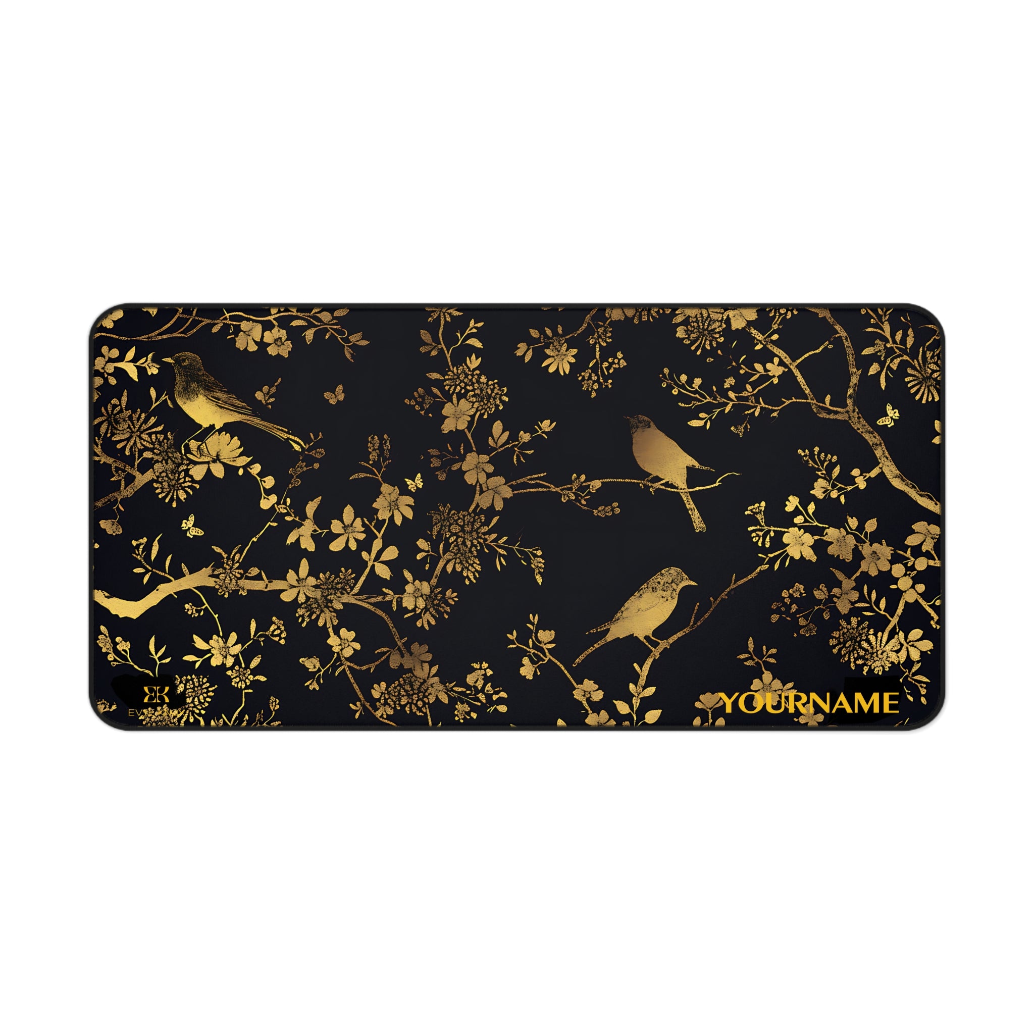 Gold Bird Floral Desk Mat — Elegant Black & Gold Mouse Pad
