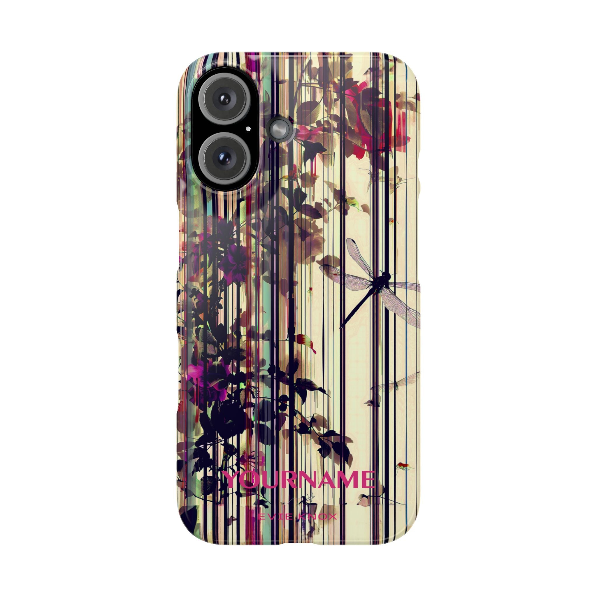 Floral Stripes Slim Phone Case — Vintage Botanical Dragonfly Design