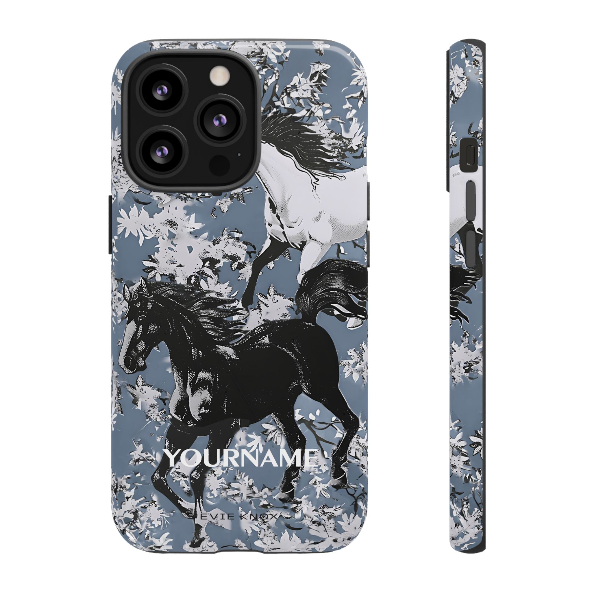 Horses on Dusty Blue Floral Pattern Tough Phone Case - Personalizable iPhone Case