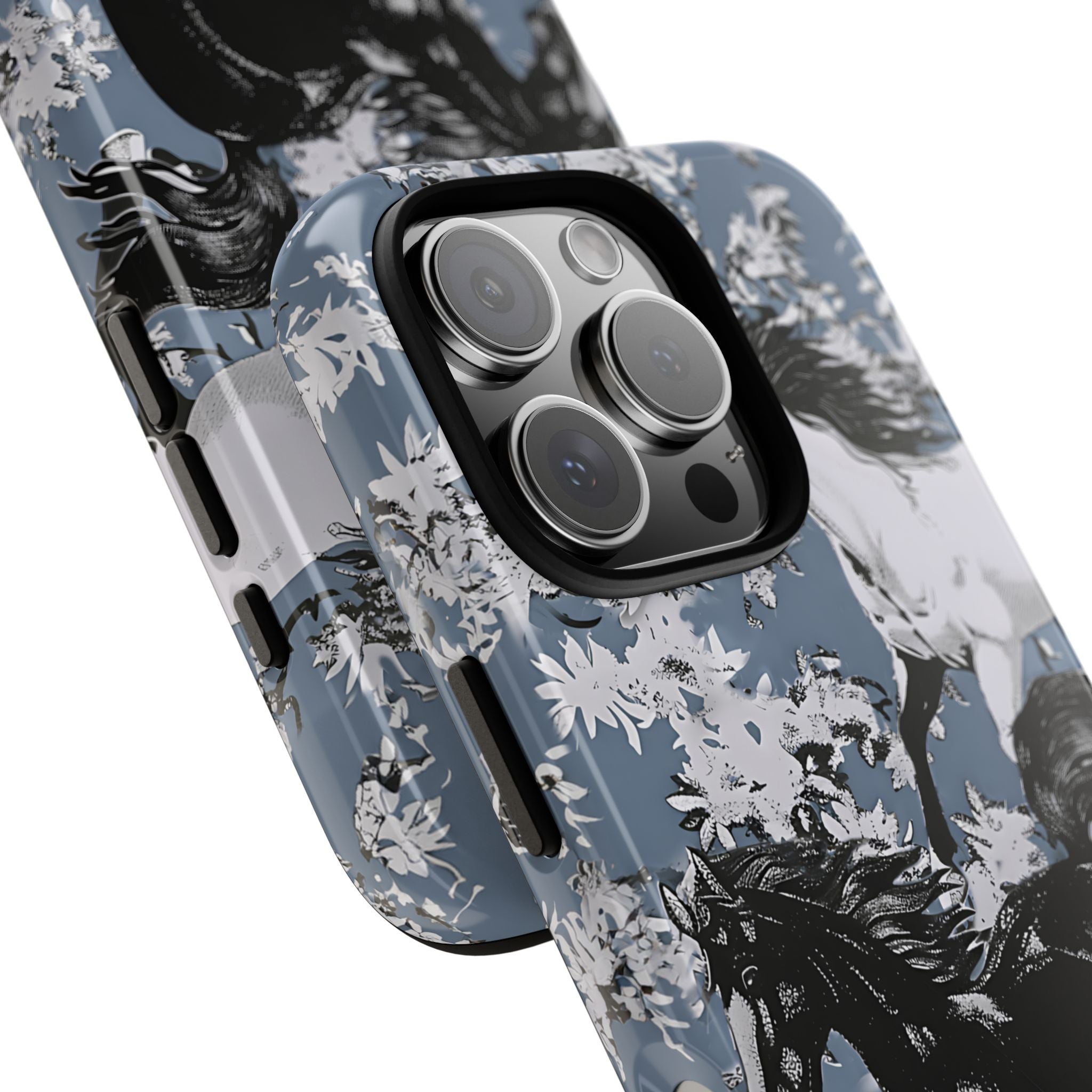 Horses on Dusty Blue Floral Pattern Tough Phone Case - Personalizable iPhone Case