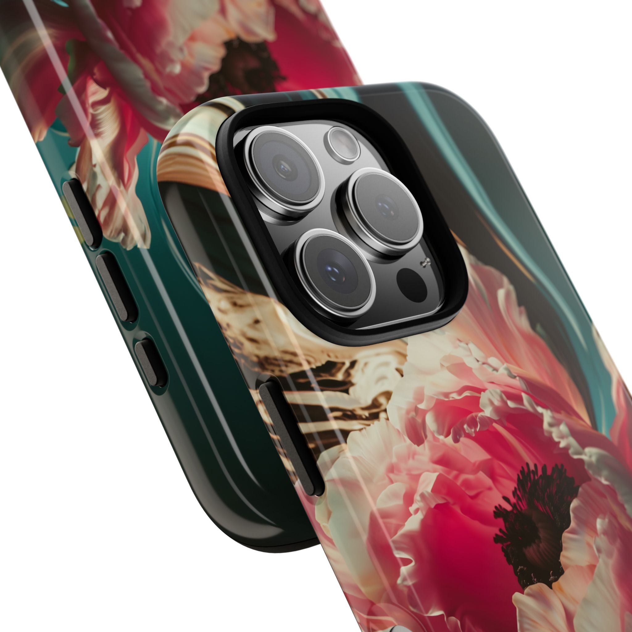 Floral Splash Tough Phone Case — Dark Teal & Pink Peony Design