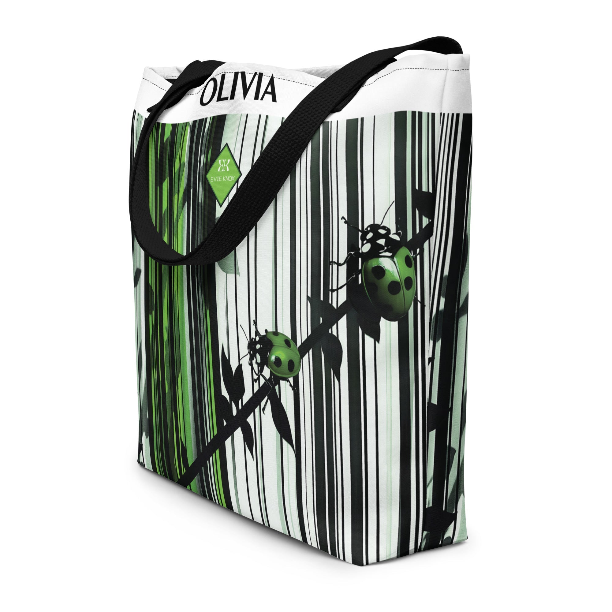Ladybugs On Stripes Large Tote Bag